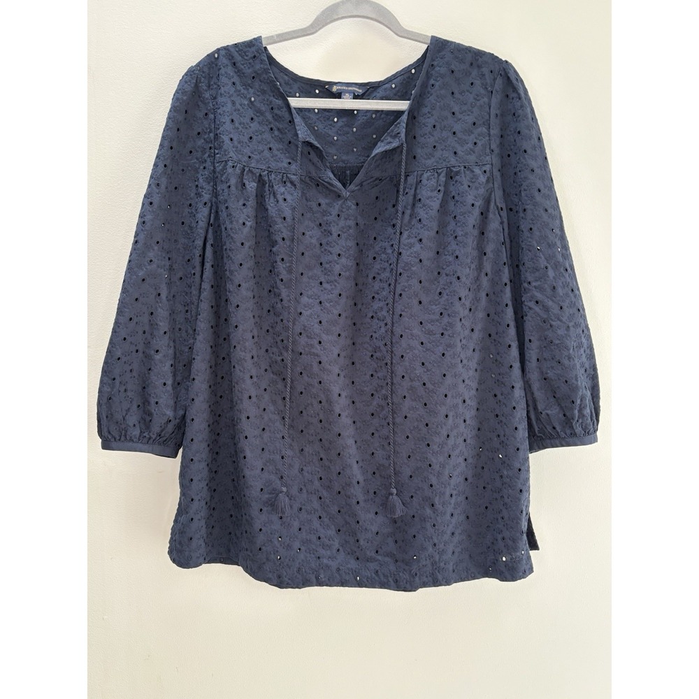 Brooks Brothers Peasant Blouse Women XL Eyelet Boho Cottagecore Navy NEW No Tags